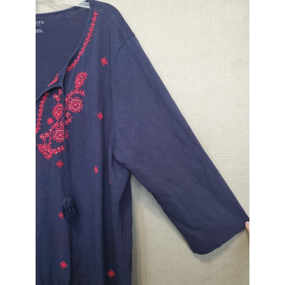 Talbots Woman Blue Slub Knit Embroidered Tie-Neck Tasseled Peasant Top Size 3X - Picture 2 of 7